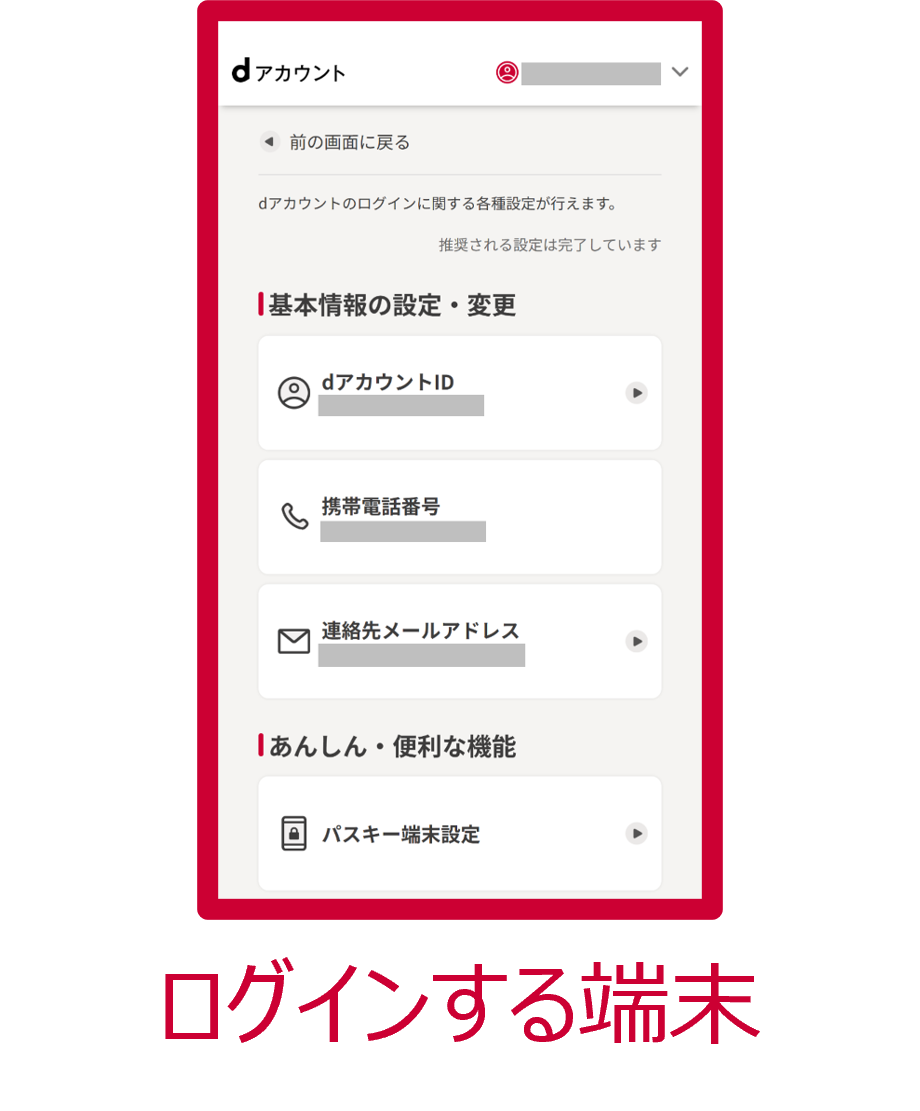 dアカウントメニュー ログイン完了