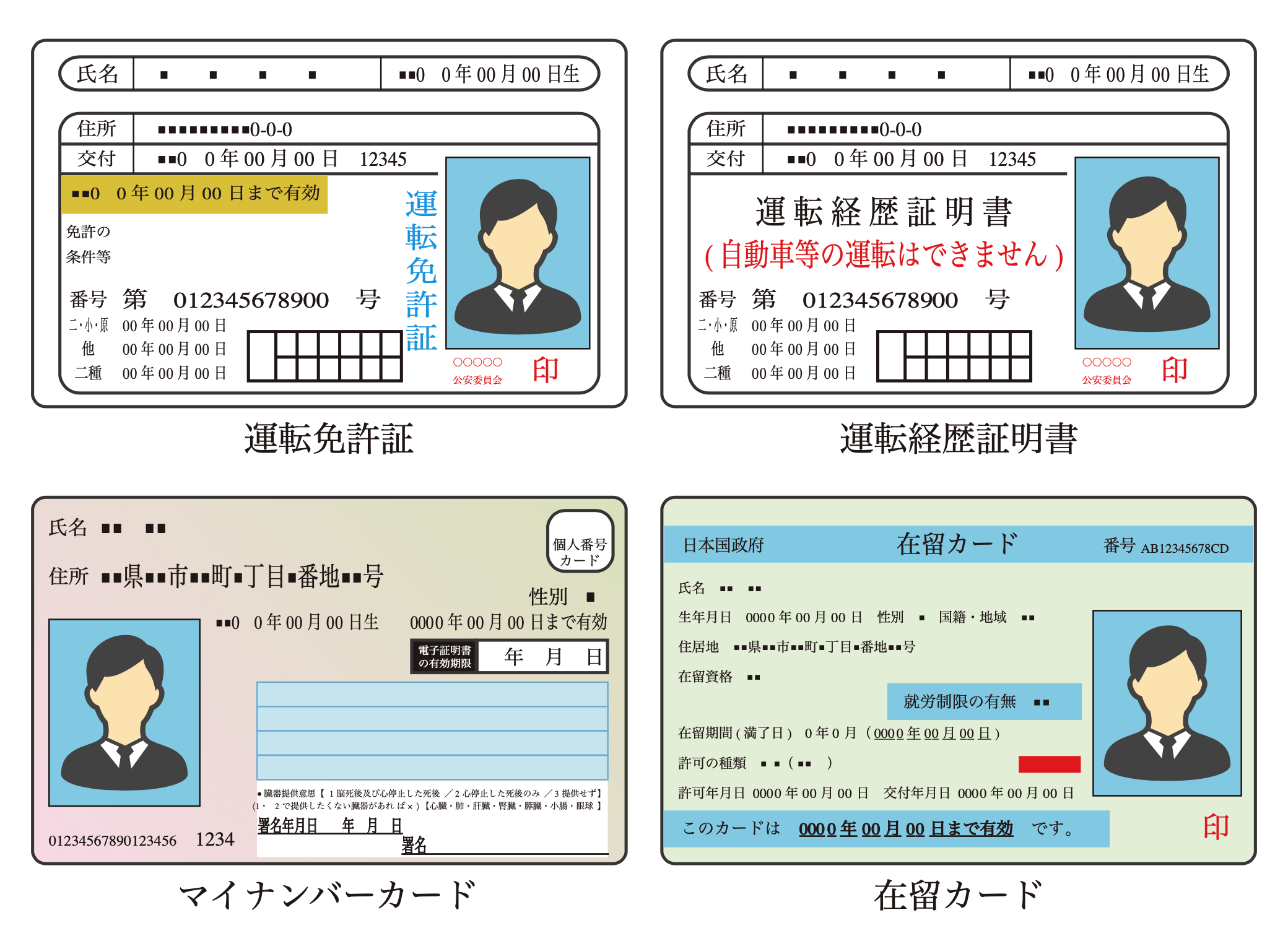 マイナンバーカード、運転免許証、在留カード、運転経歴証明証の券面イメージ